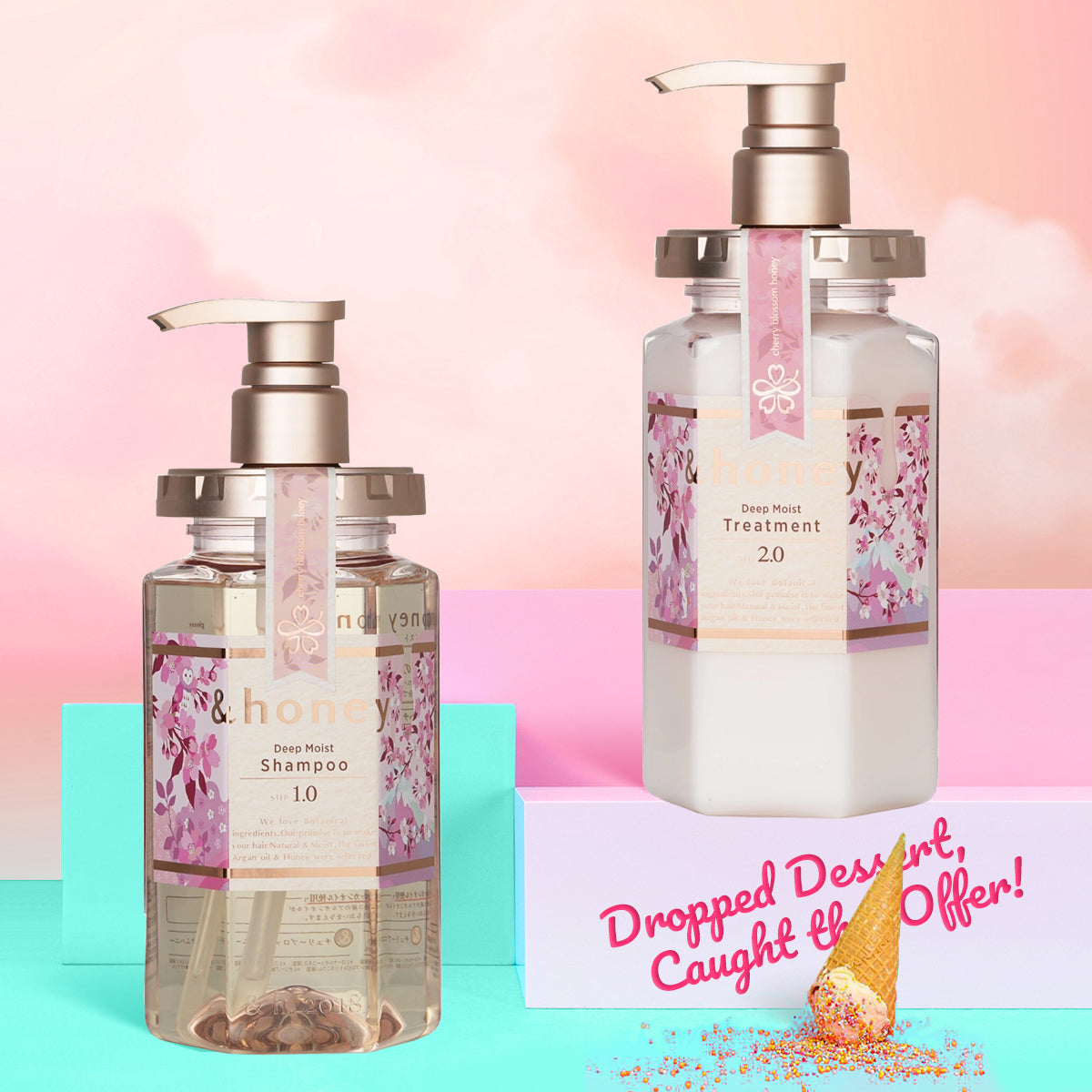 Two bottles of shampoo and conditioner with floral designs on a colorful background