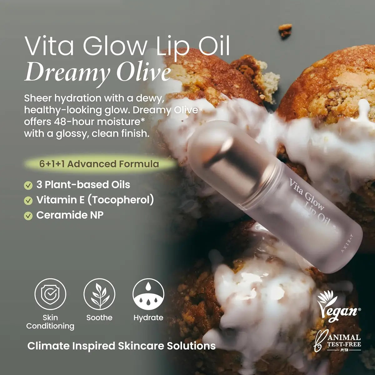 Vita Glow Lip Oil with ingredients and benefits on a textured background