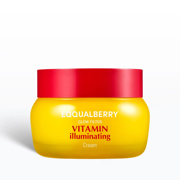 Yellow jar of Equalberry Vitamin Illuminating Cream with red lid on a white background