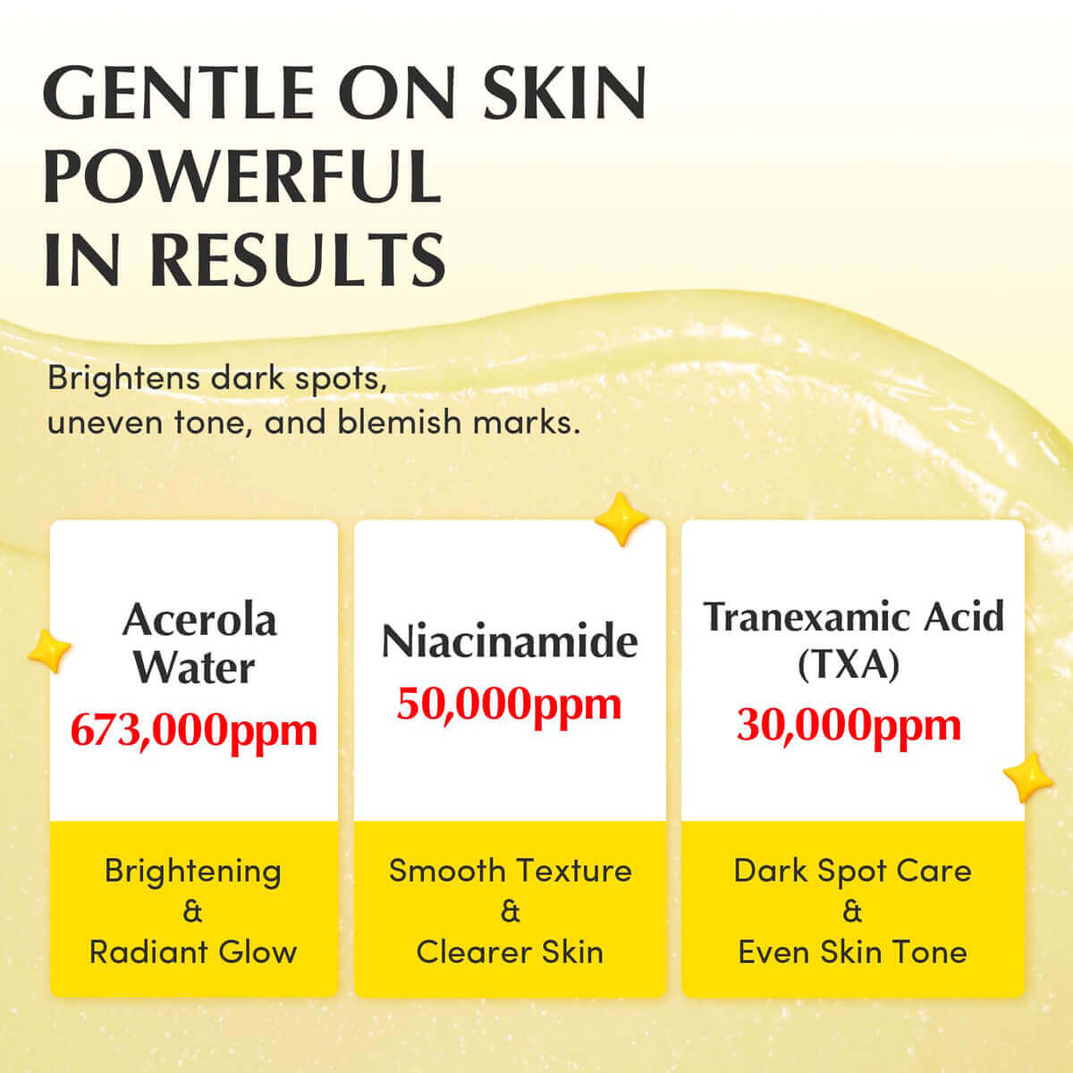 Vitamin Illuminating Cream ingredients chart showcasing Acerola Water, Niacinamide, and Tranexamic Acid benefits.