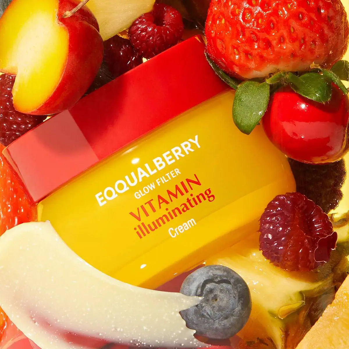 Eqqualberry Vitamin Illuminating Cream surrounded by fruits on a colorful background