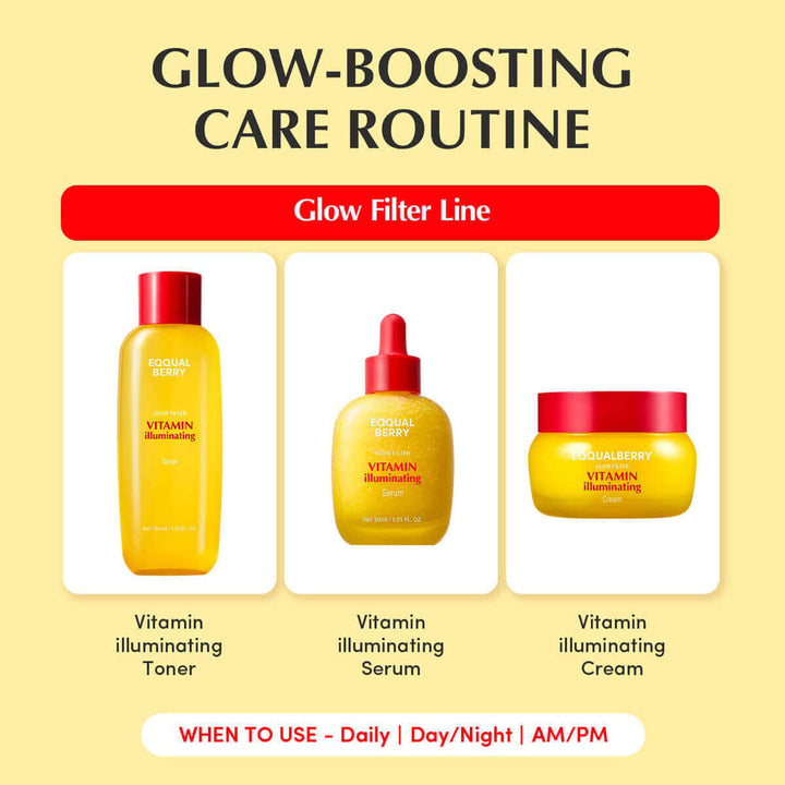 Glow-boosting care routine featuring Vitamin Illuminating Cream, Toner, and Serum from Equalberry.