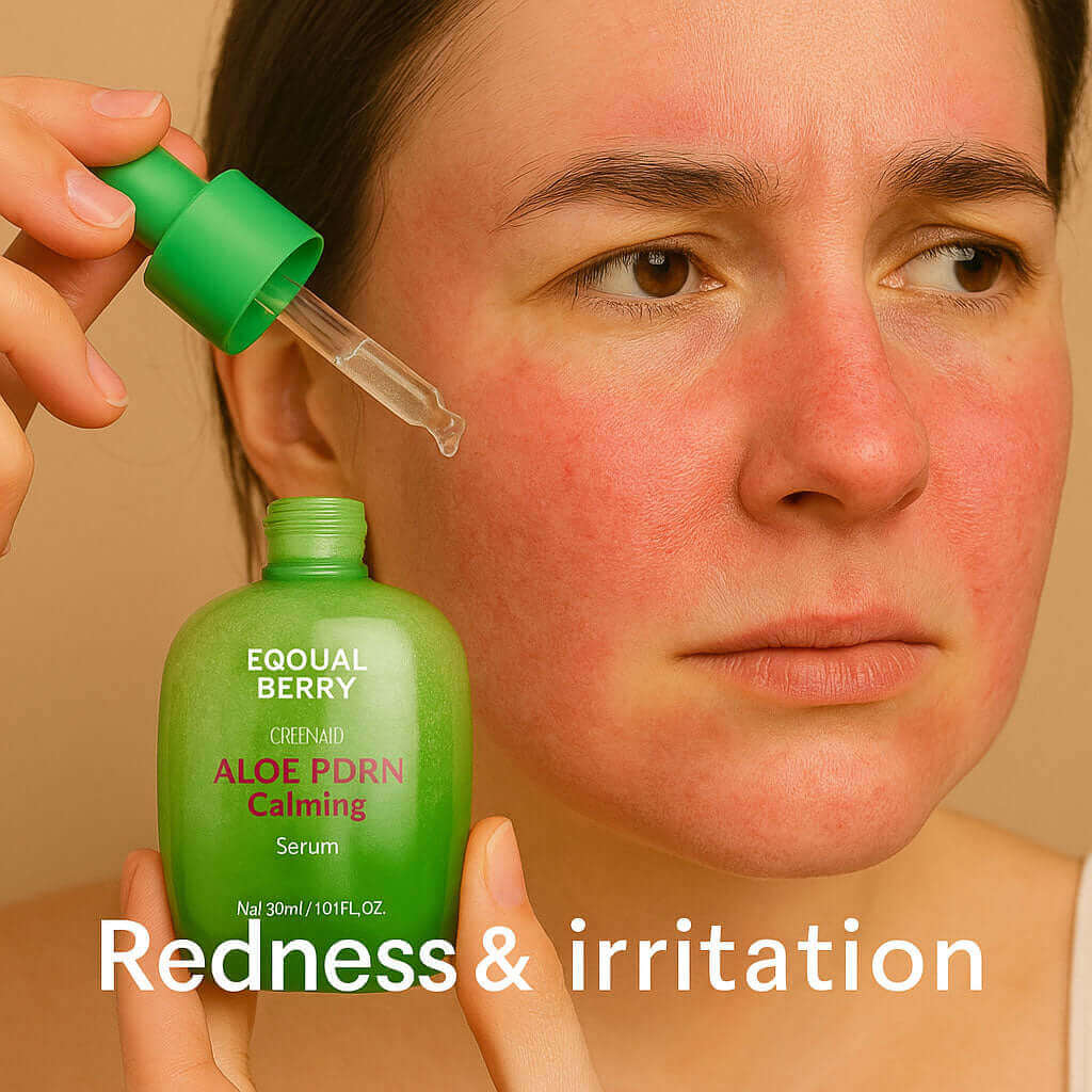 Person applying aloe serum to red face with 'Equal Berry' bottle in foreground