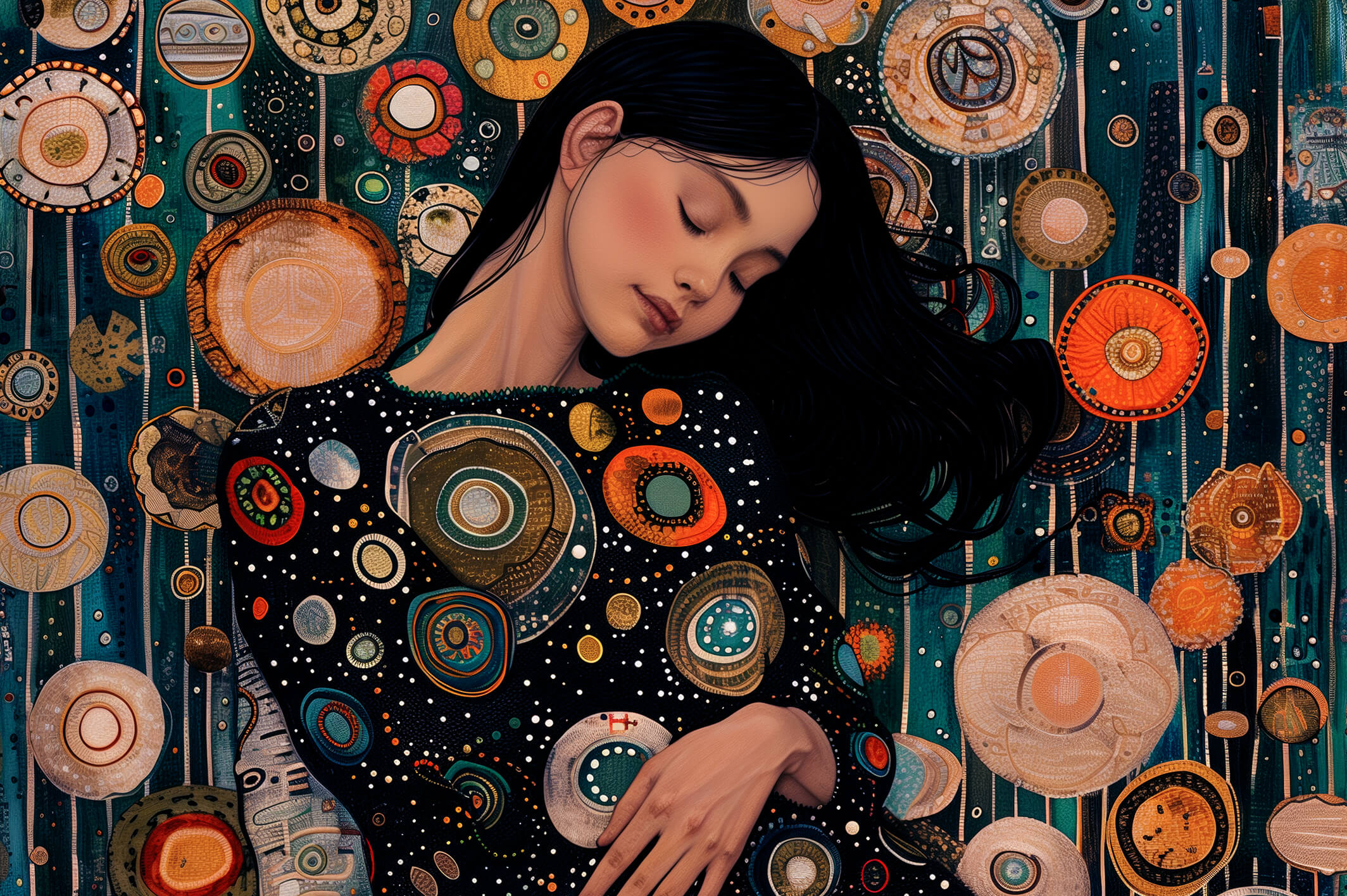 Woman with closed eyes surrounded by decorative circular patterns | korean skincare miraebeautyhuub.com