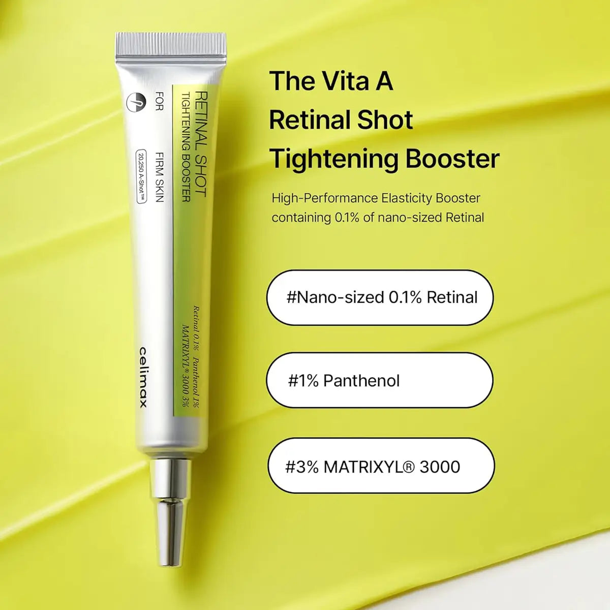 Vita A Retinal Shot Tightening Booster with product details on a yellow background