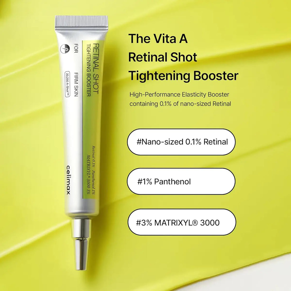 Vita A Retinal Shot Tightening Booster with product details on a yellow background