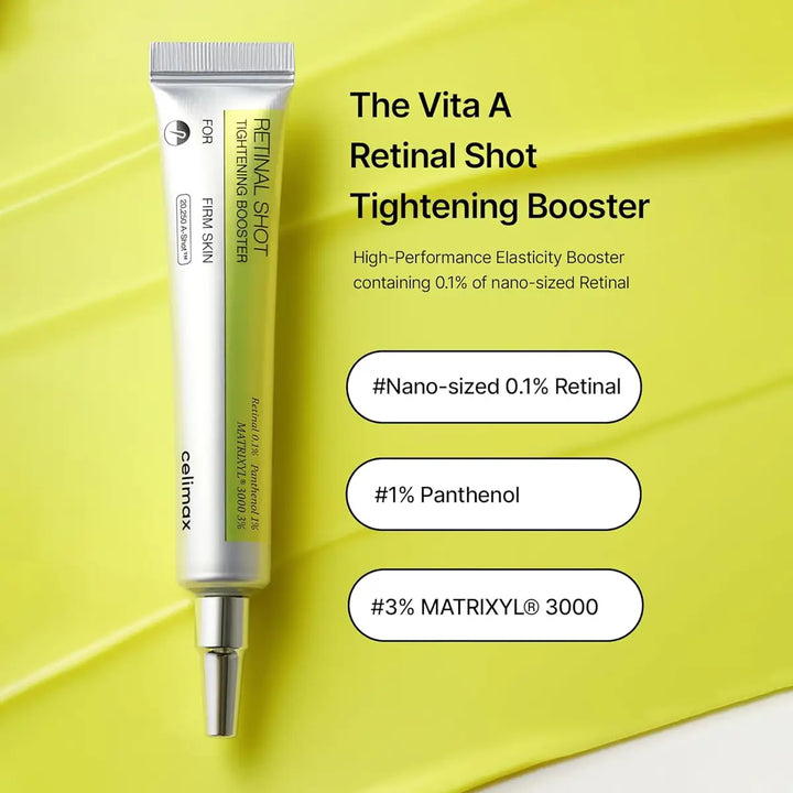 Vita A Retinal Shot Tightening Booster with product details on a yellow background