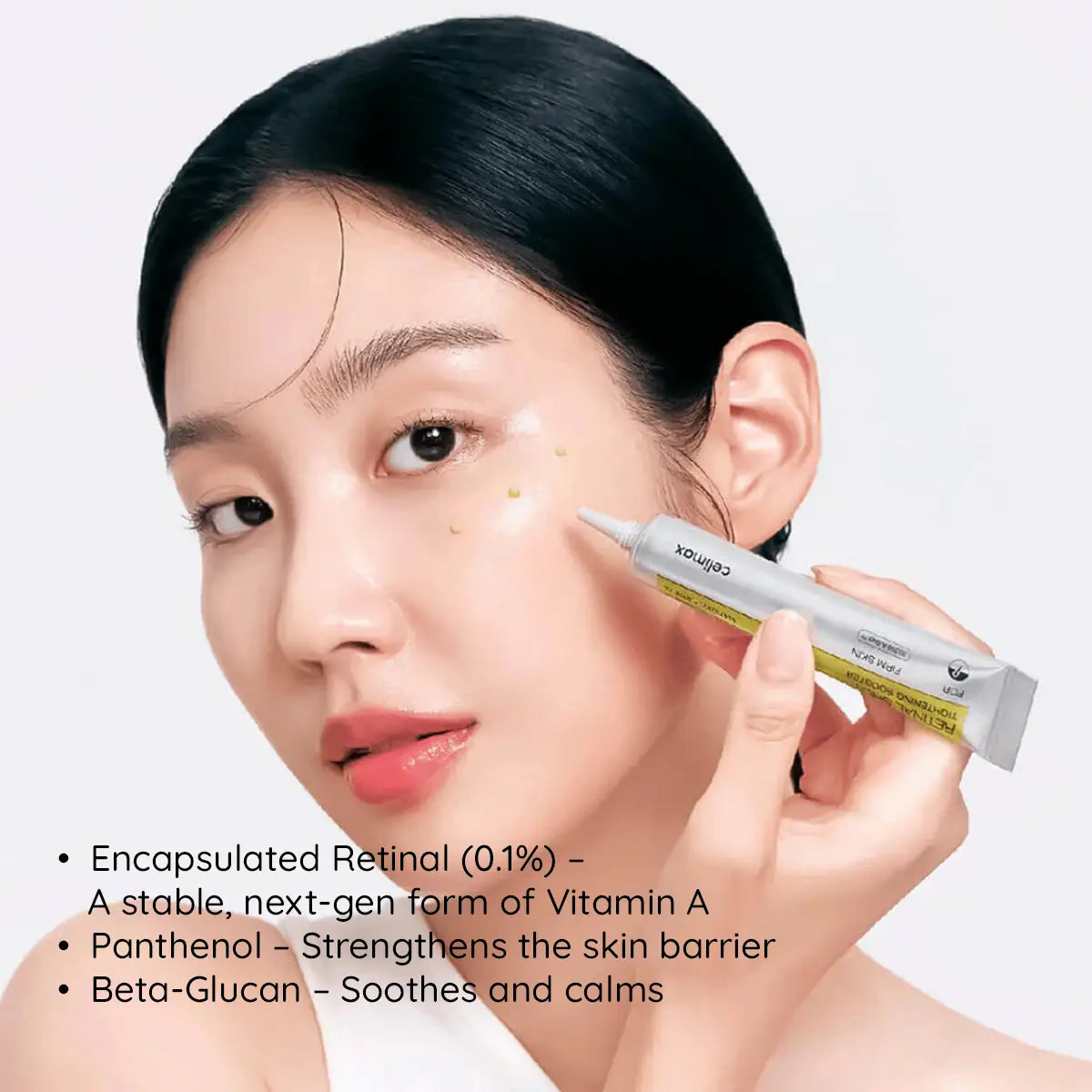Woman applying skincare product with text about ingredients on a white background