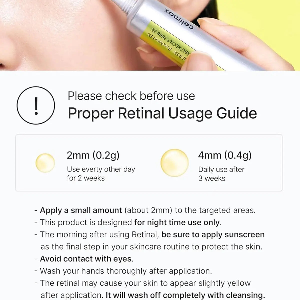 Product packaging with usage guide for a skincare serum, showing a close-up of skin and a dropper bottle.