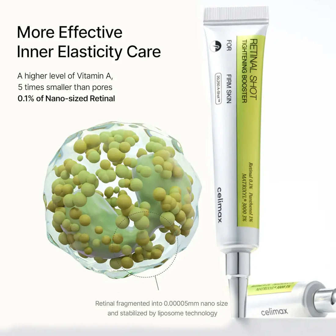 Celmax Retinal Shot skincare product with text about inner elasticity care on a white background