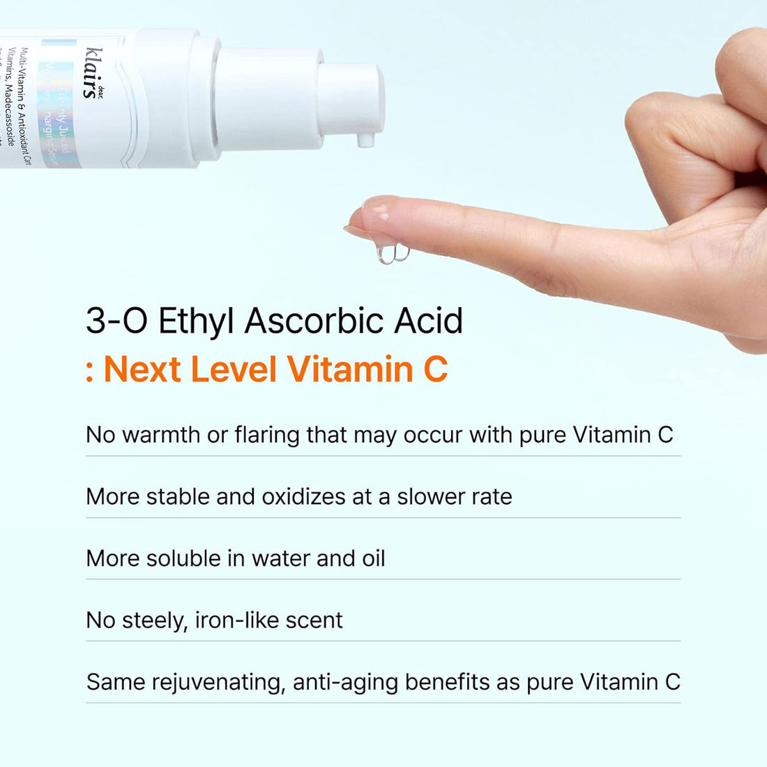 Product packaging with a hand holding a droplet of liquid, text about 3-O Ethyl Ascorbic Acid, and Kiehl's branding. Mirae Beauty Hub Dubai