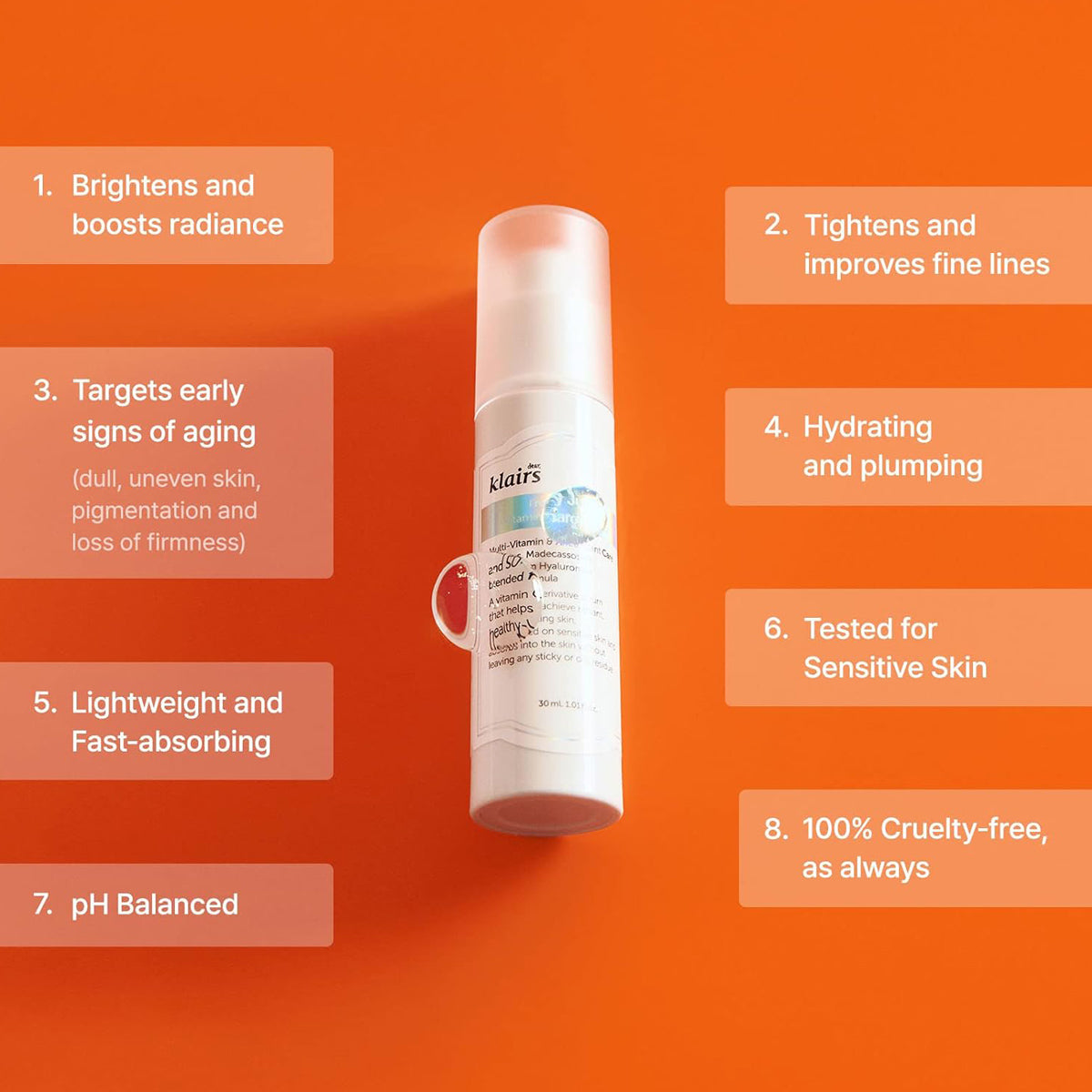 dear KLAIRS Freshly Juiced Vitamin Charging Serum | Korean vitamin C serum for brightening and revitalizing dull skin | Shop in Dubai at Mirae Beauty Hub UAE. Features