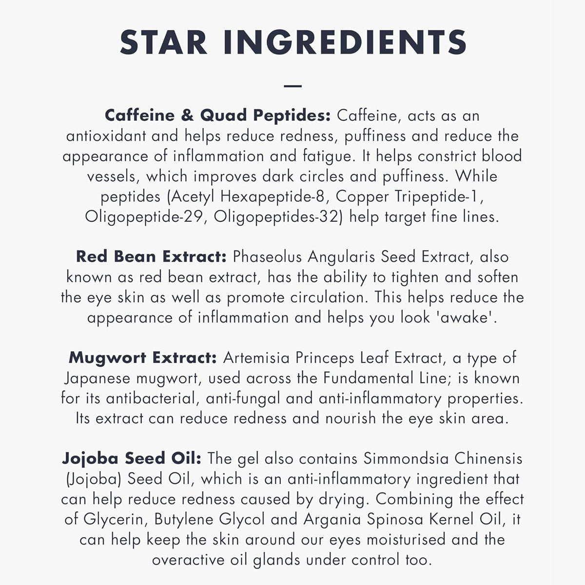 List of star ingredients with their functions on a white background