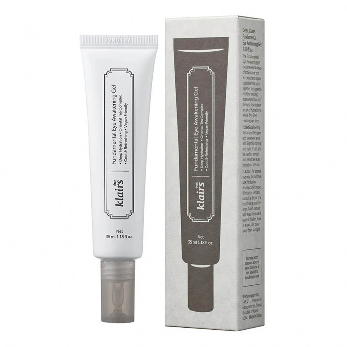 dear Klairs Fundamental Eye Awakening Gel 35mL | Korean under-eye gel for puffy eyes and dark circles, perfect for oily and sensitive skin in UAE.  Packaging on a white background