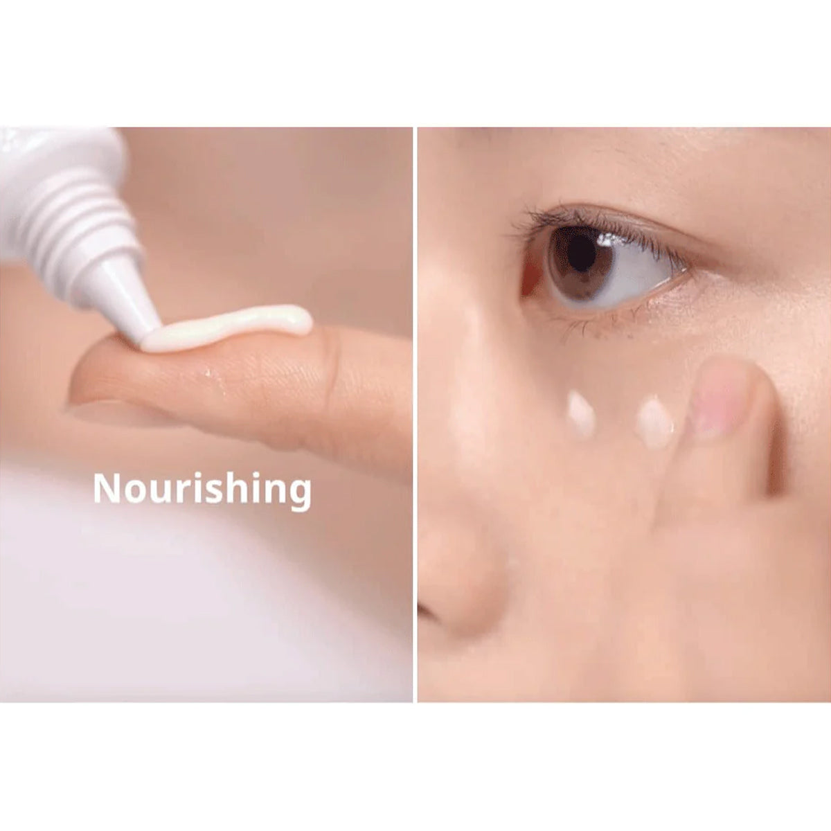 dear Klairs Fundamental Nourishing Eye Butter  Creme being applied to a finger and on a person's skin with 'Nourishing' text.