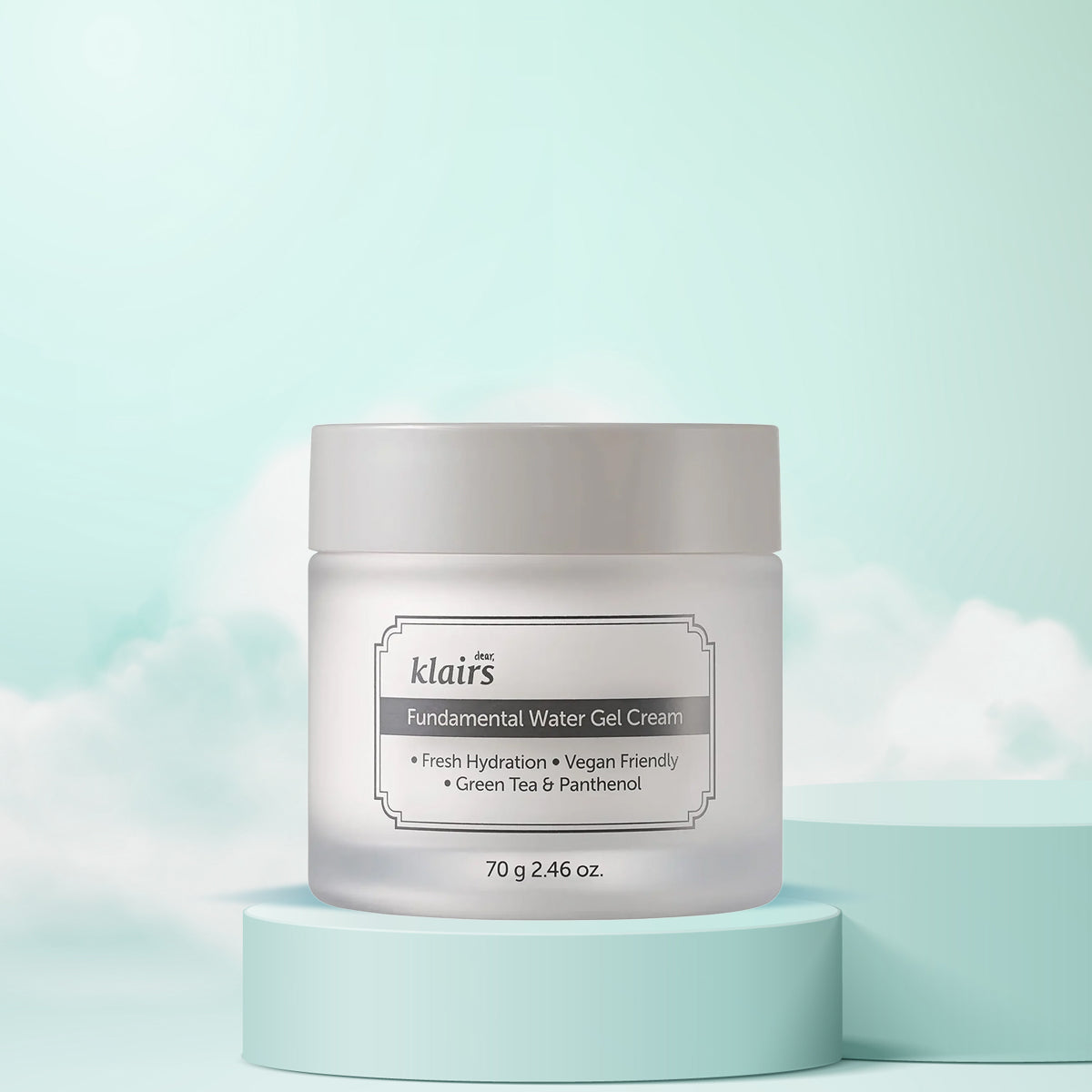 dear Klairs jar of Fundamental Water Gel Cream on a light blue background