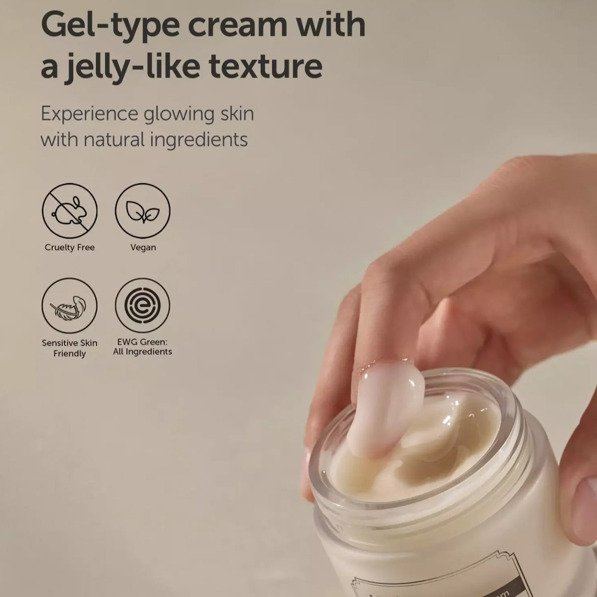 Hand holding a jar of dear Klairs Fundamental Water Gel cream with text about its properties on a beige background