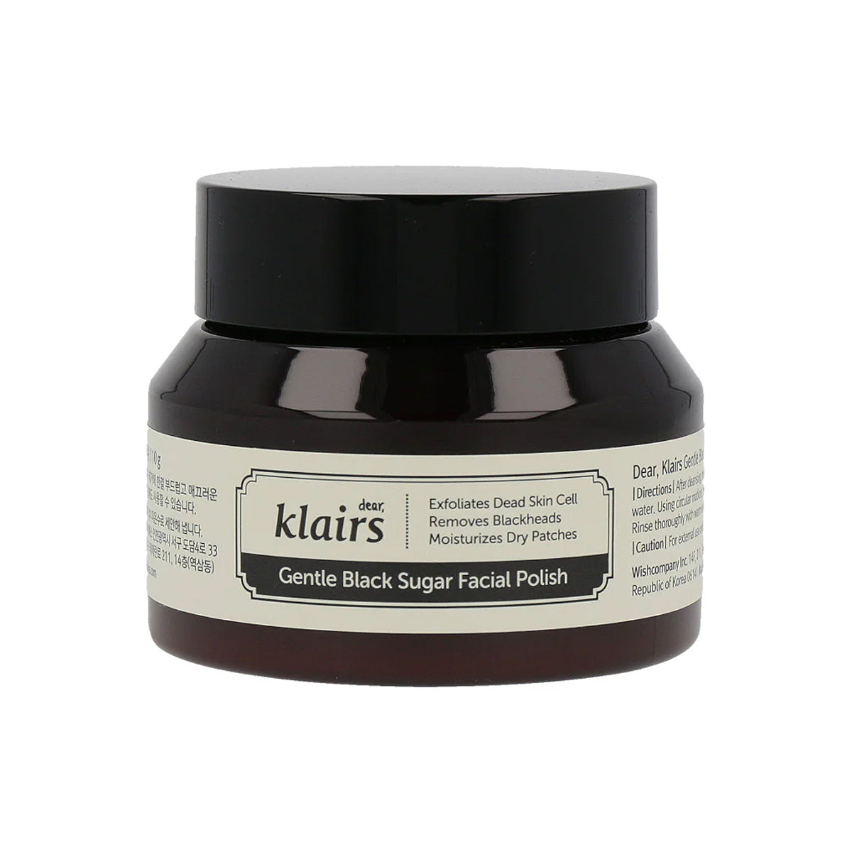 dear Klairs Gentle Black Sugar Facial Polish jar on a white background
