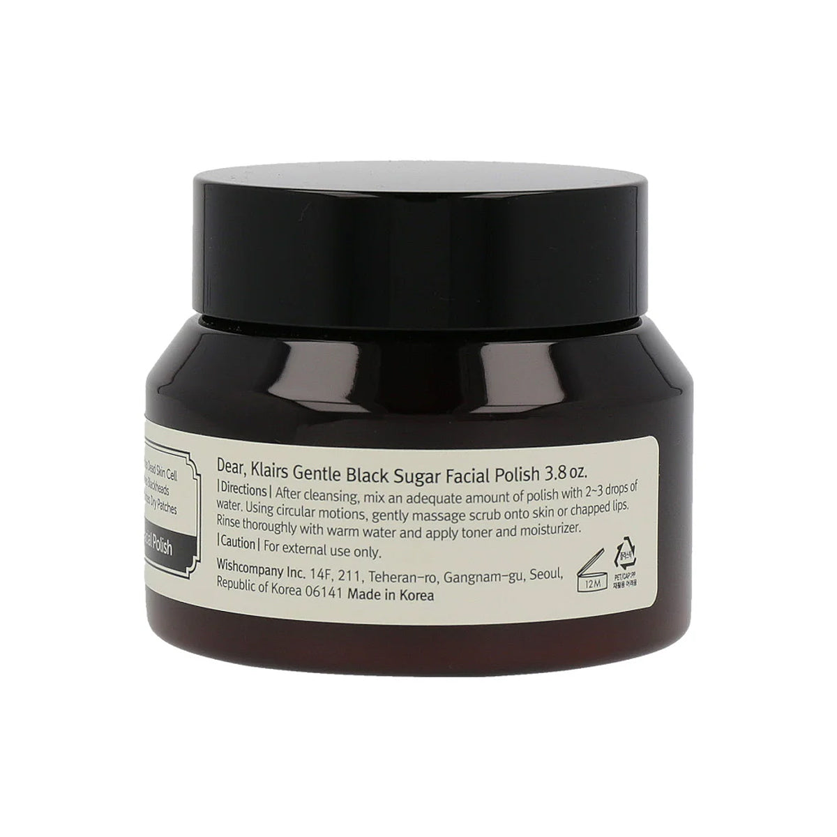 Black jar of Klairs Gentle Black Sugar Facial Polish on a white background