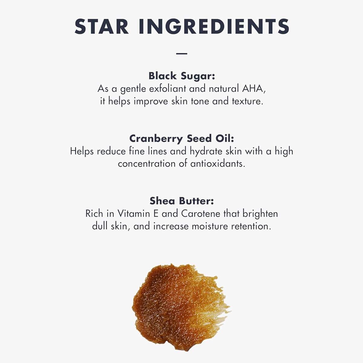 List of star ingredients with descriptions and a small image of black sugar on a white background.