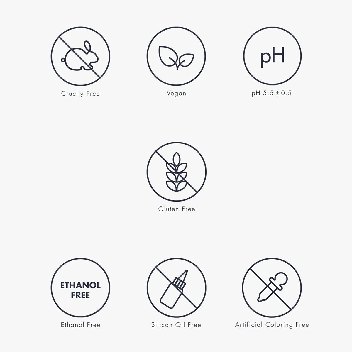 dear KLAIRS Gentle Black Sugar Facial Polish | Set of icons indicating product attributes such as cruelty free, vegan, pH, gluten free, ethanol free, silicon oil free, and artificial coloring free on a white background.