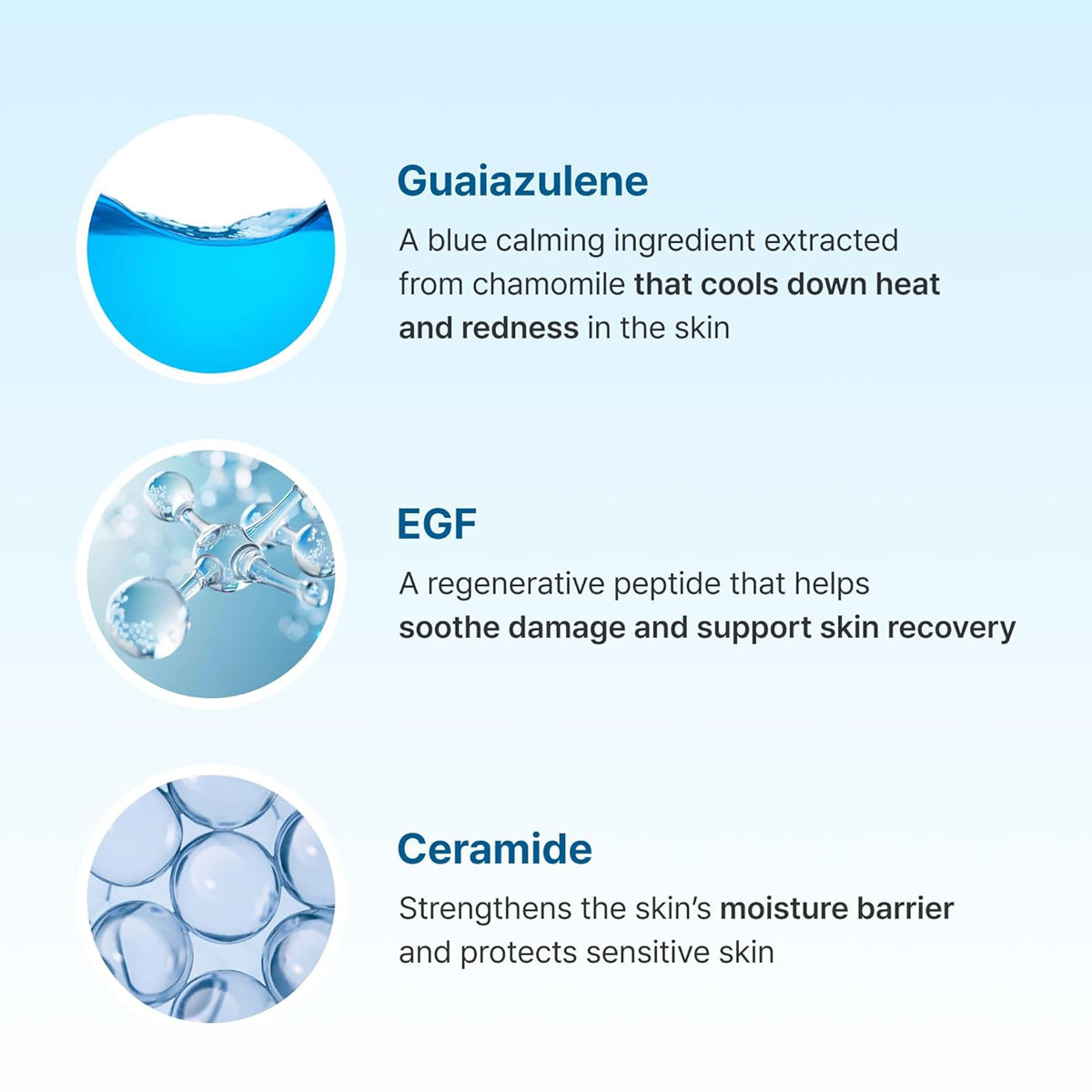 List of skin care ingredients with images and descriptions on a light blue background