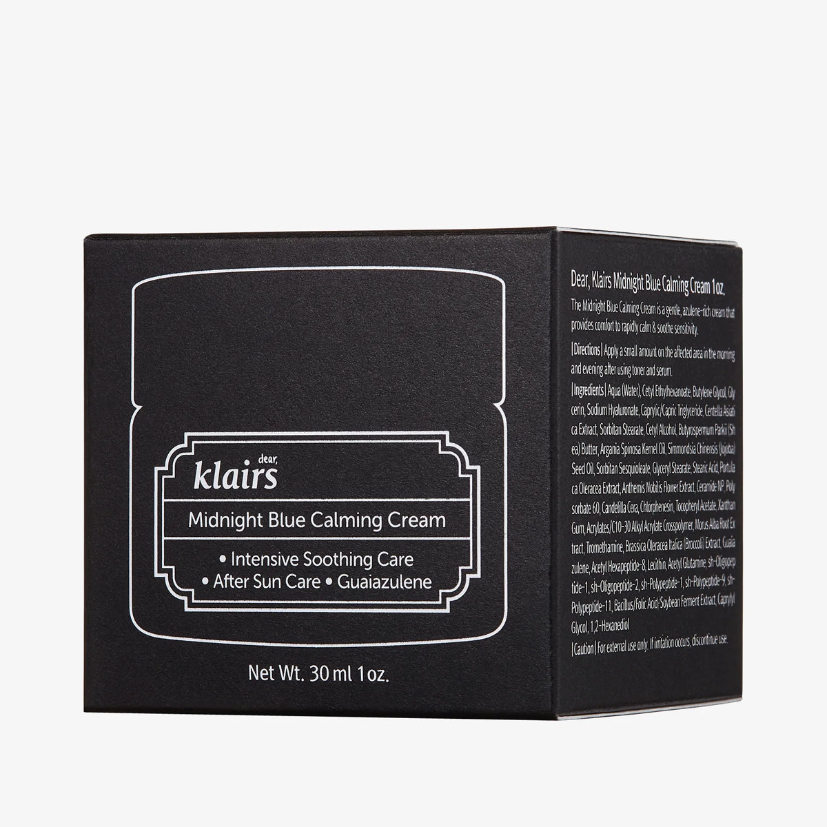 Black box packaging of Klairs Midnight Blue Calming Cream on a white background