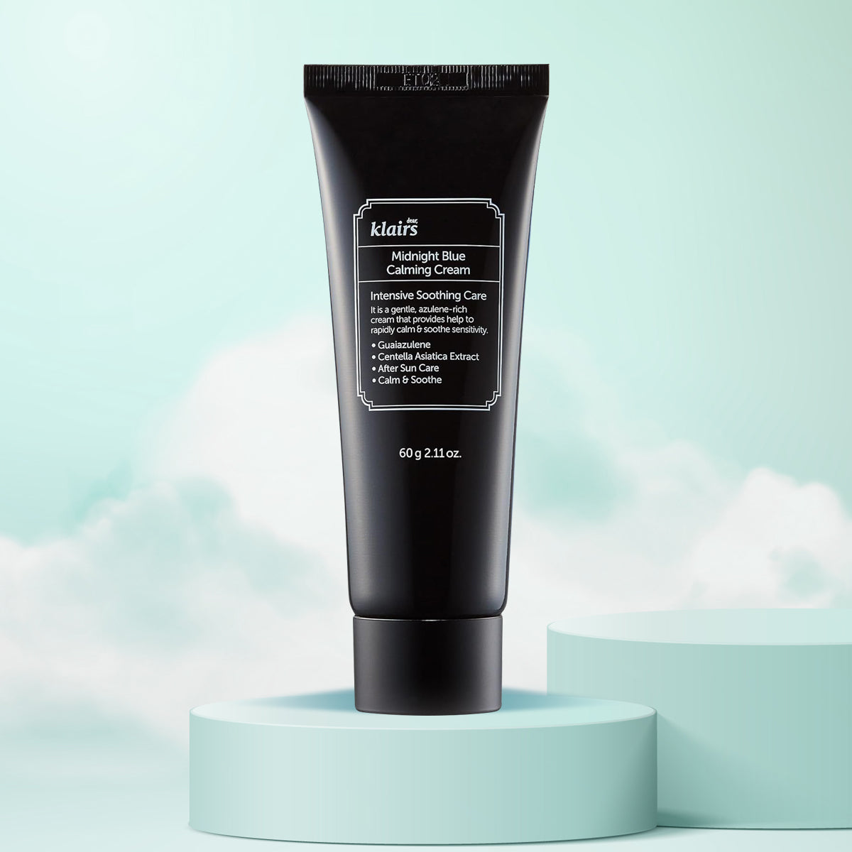 dear Klairs Midnight Blue Calming Cream tube on a light blue background