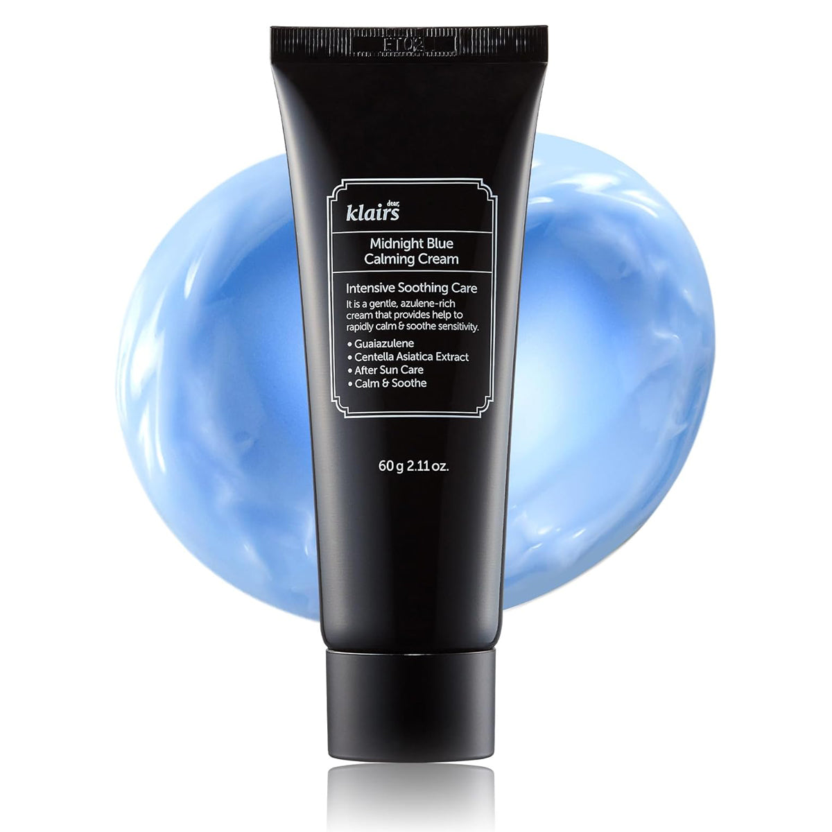 Klairs Midnight Blue Calming Cream tube with blue gel sphere on white background