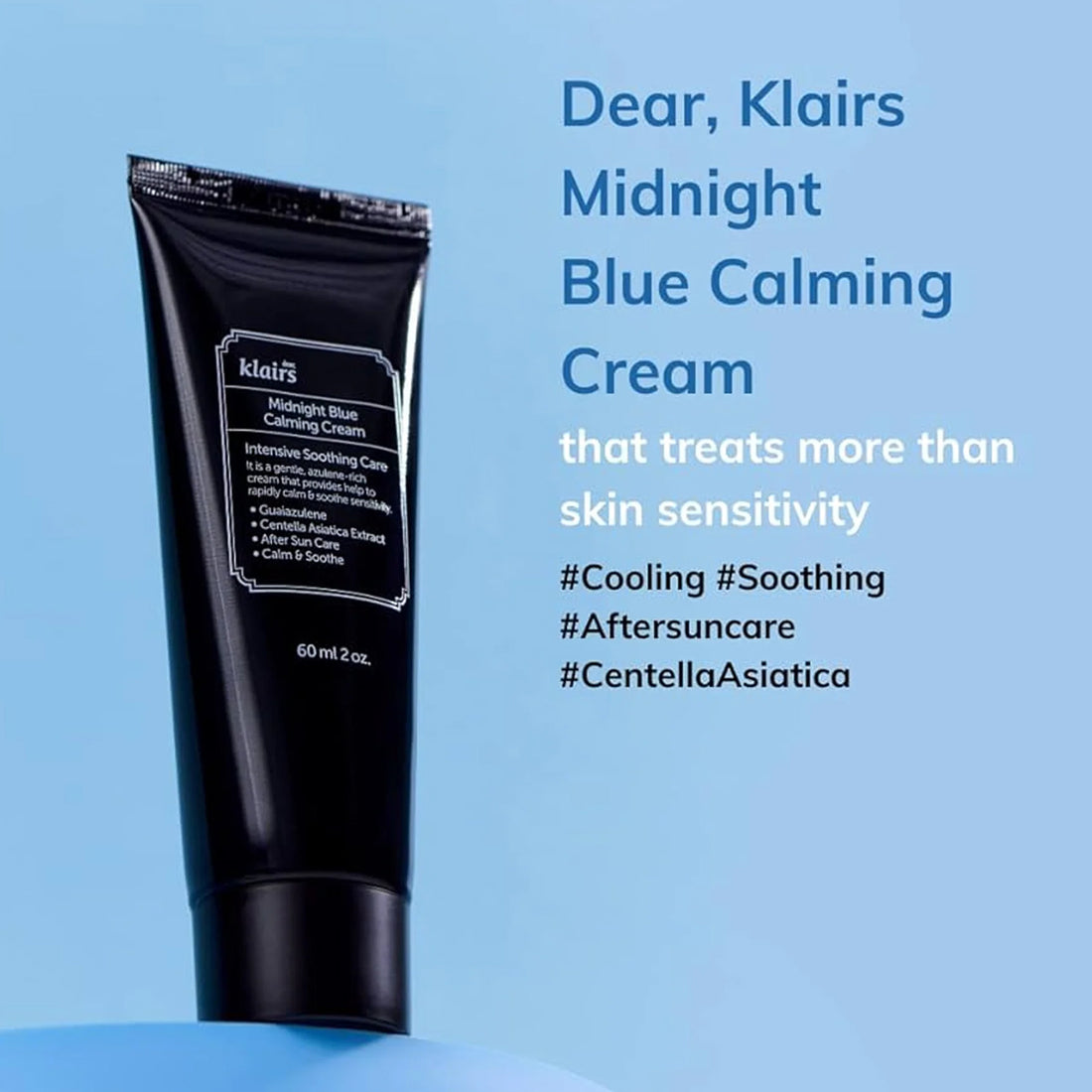 Klairs Midnight Blue Calming Cream tube on a blue background with product details.