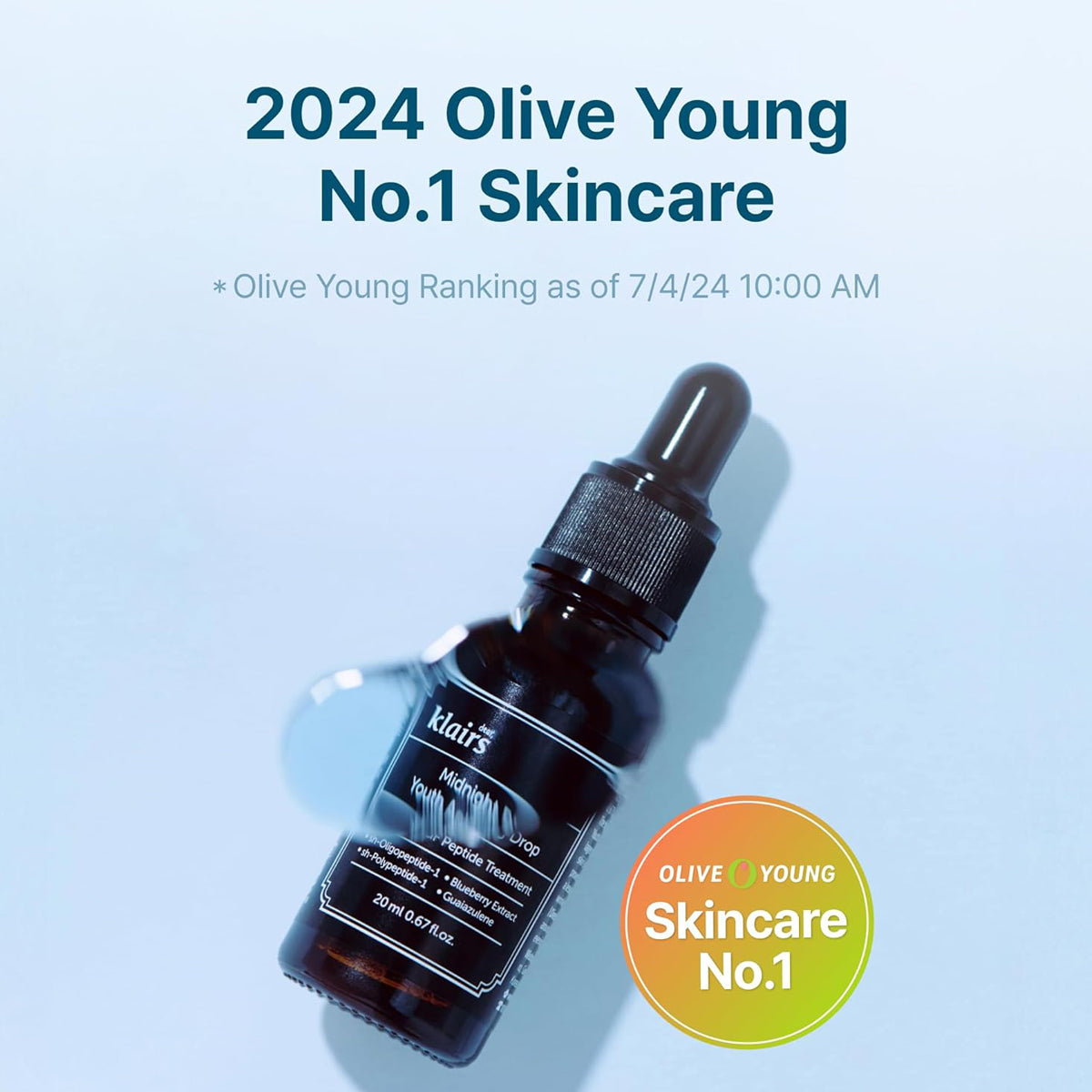 Klairs skincare dropper bottle with Olive Young ranking on a light blue background