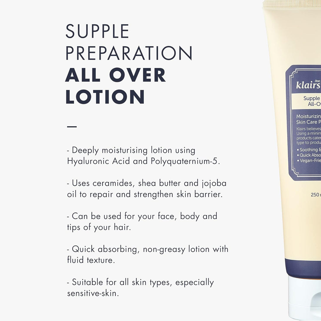 Klairs Supple Preparation All Over Lotion packaging with product description text on a white background