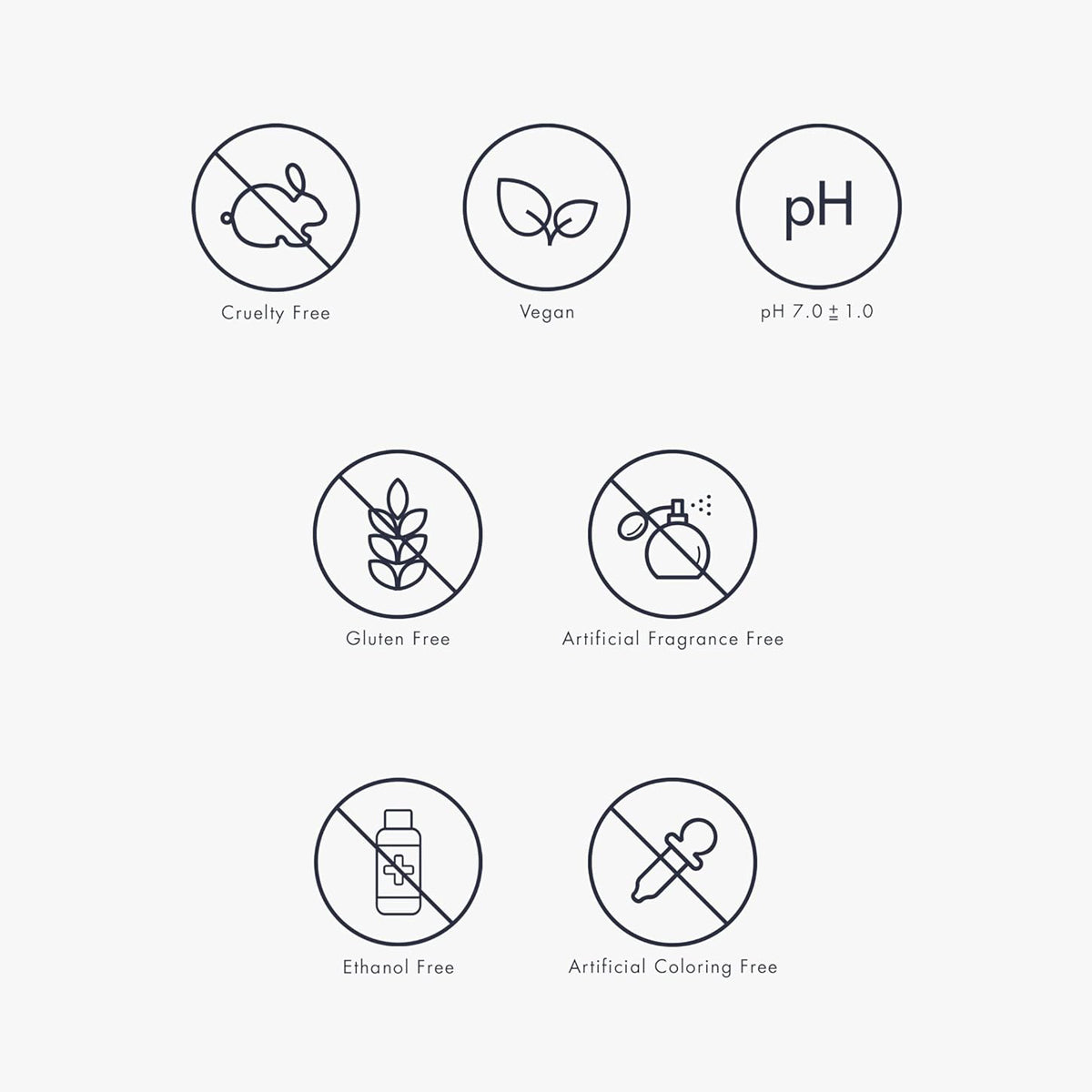 Set of icons indicating product attributes such as cruelty-free, vegan, pH level, gluten-free, artificial fragrance-free, ethanol-free, and artificial coloring-free on a white background.