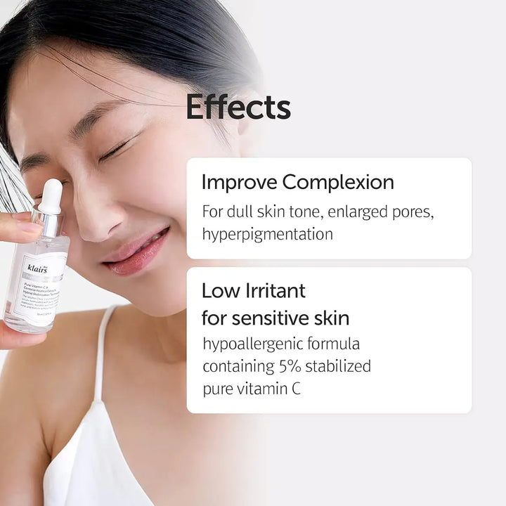 Woman holding a dear KLAIRS Freshly Juiced Vitamin Drop bottle with text about product effects on skin.