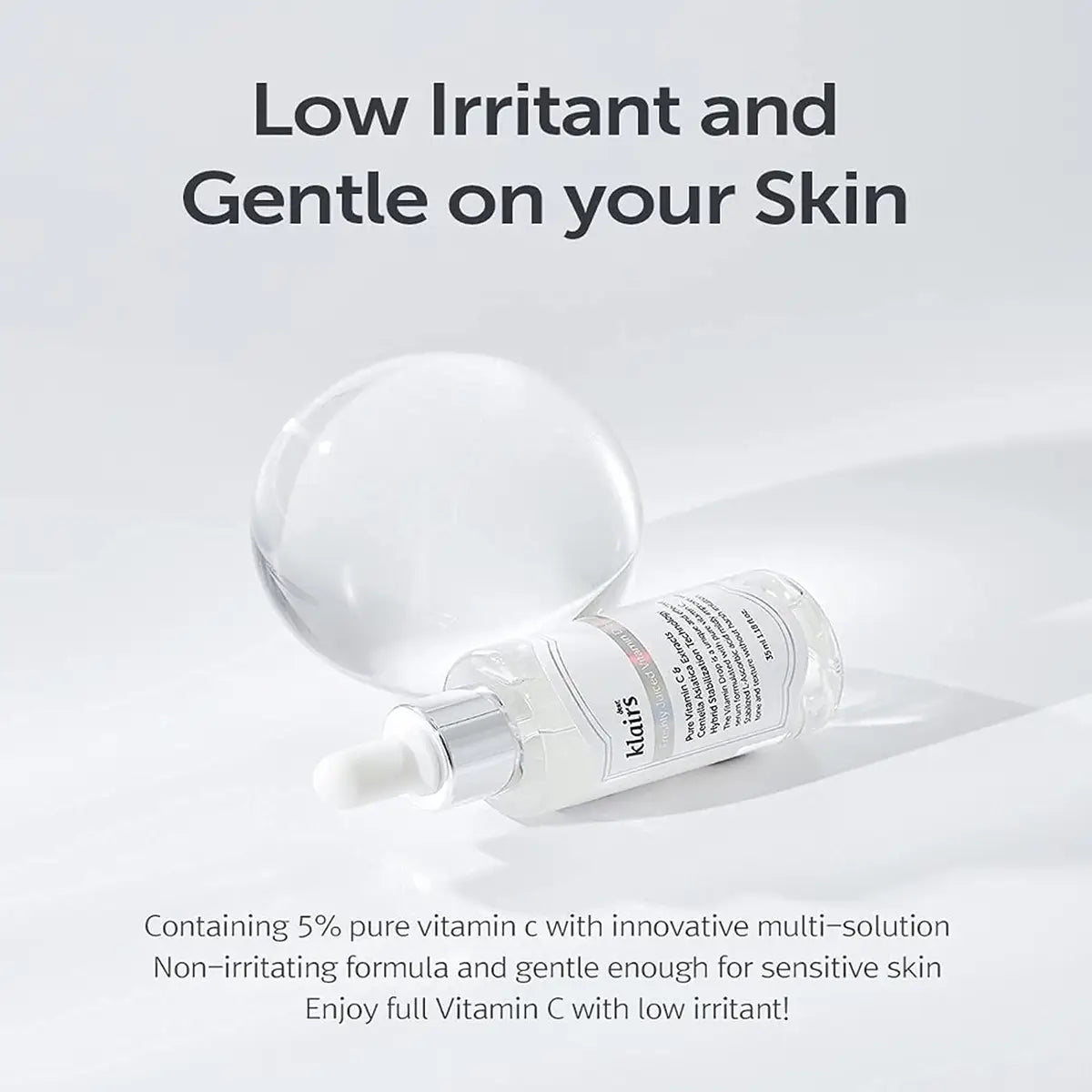 Skincare serum bottle with text about being low irritant and gentle on skin.