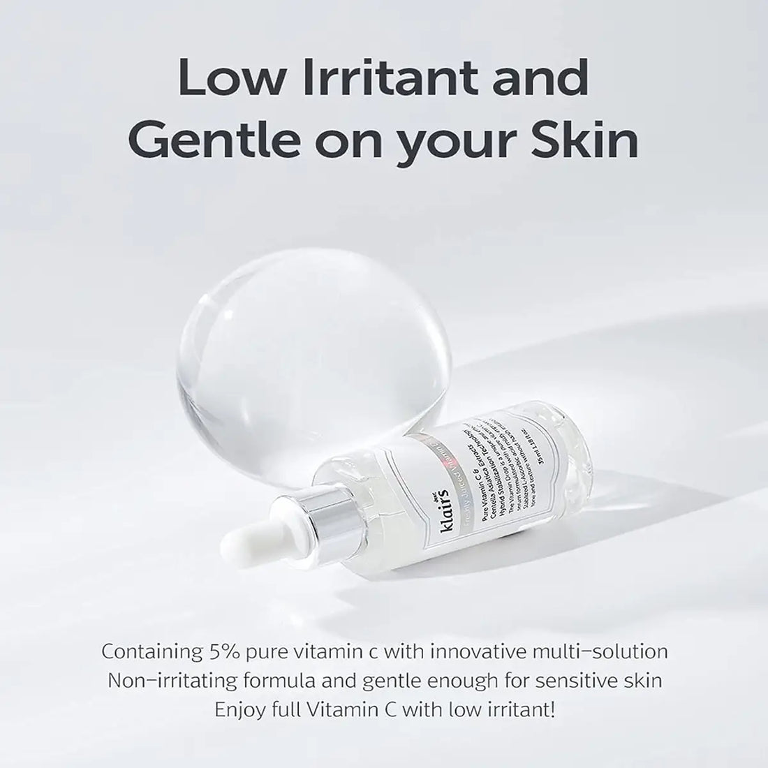 Skincare serum bottle with text about being low irritant and gentle on skin.