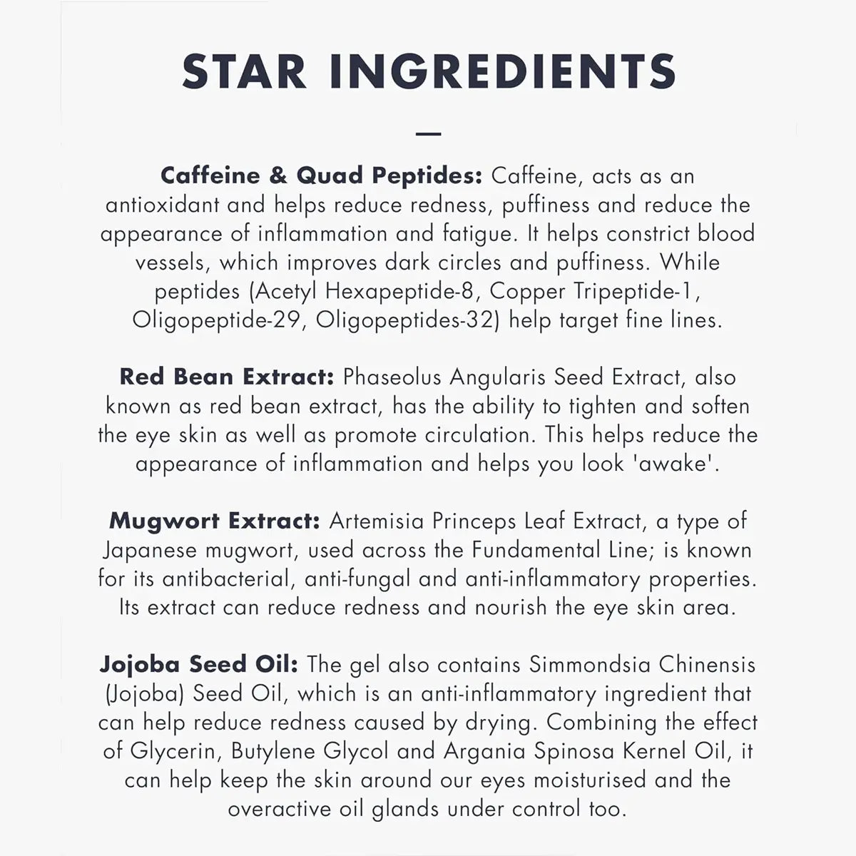 List of star ingredients with their functions on a white background