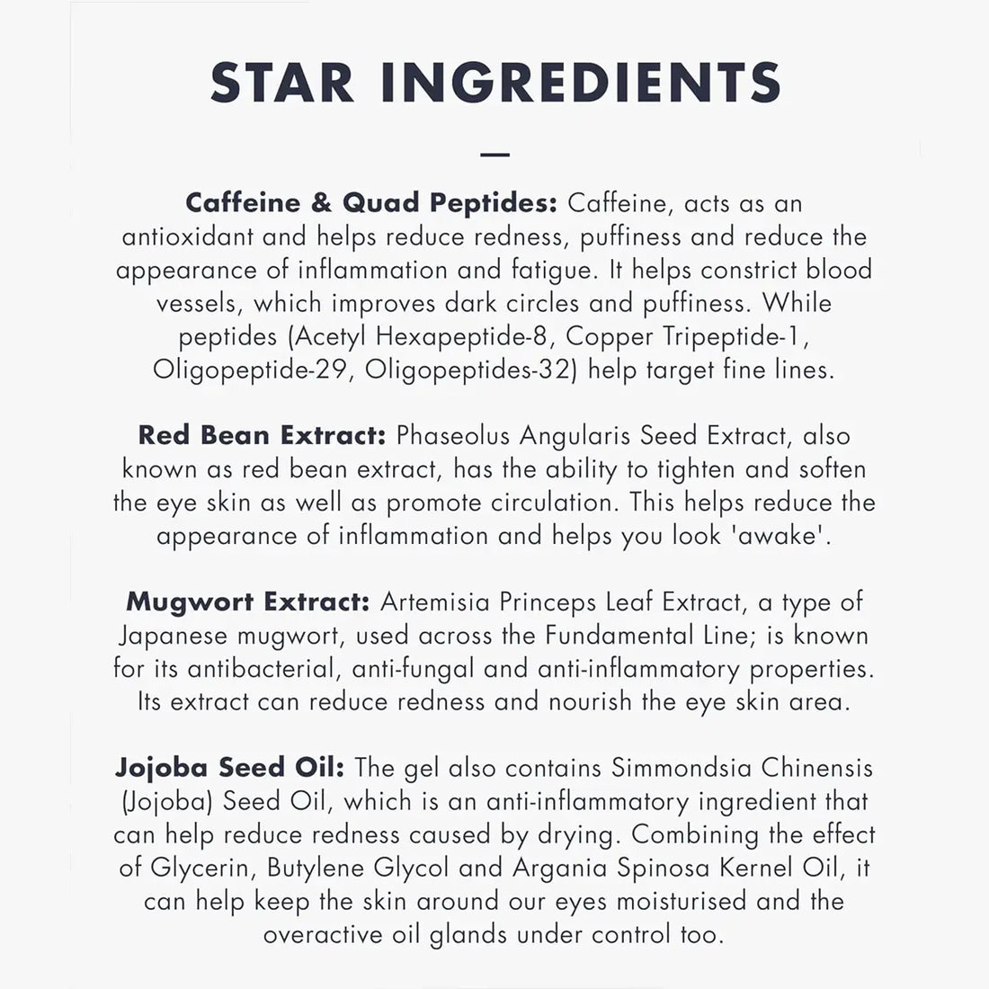 List of star ingredients with their functions on a white background