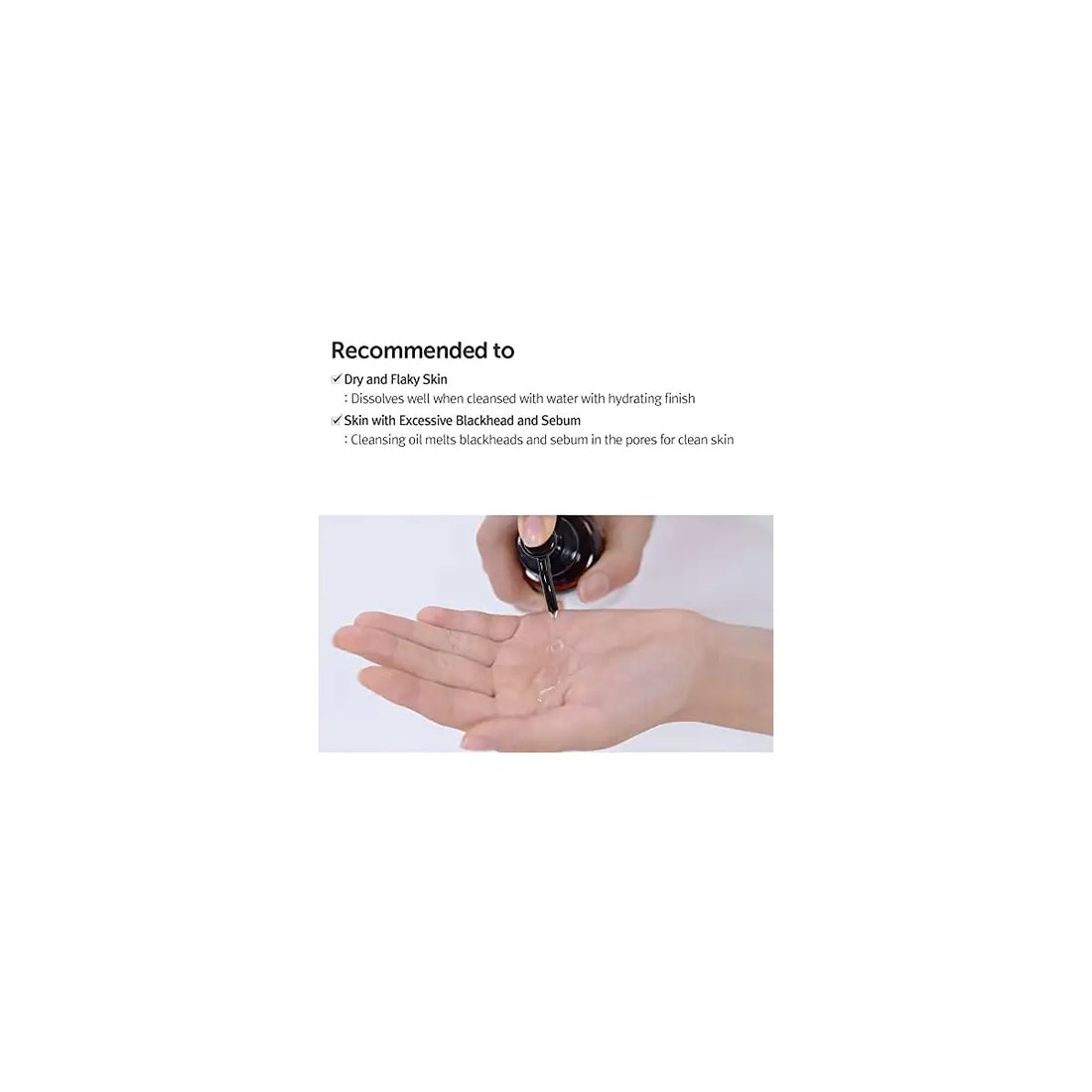 Hand holding a black bottle over a white palm with text on a white background
