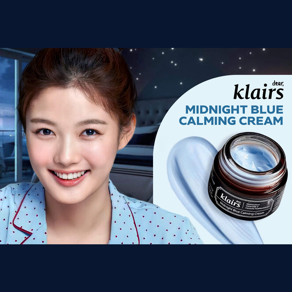 Advertisement for Klairs Midnight Blue Calming Cream featuring a smiling woman and product packaging.
