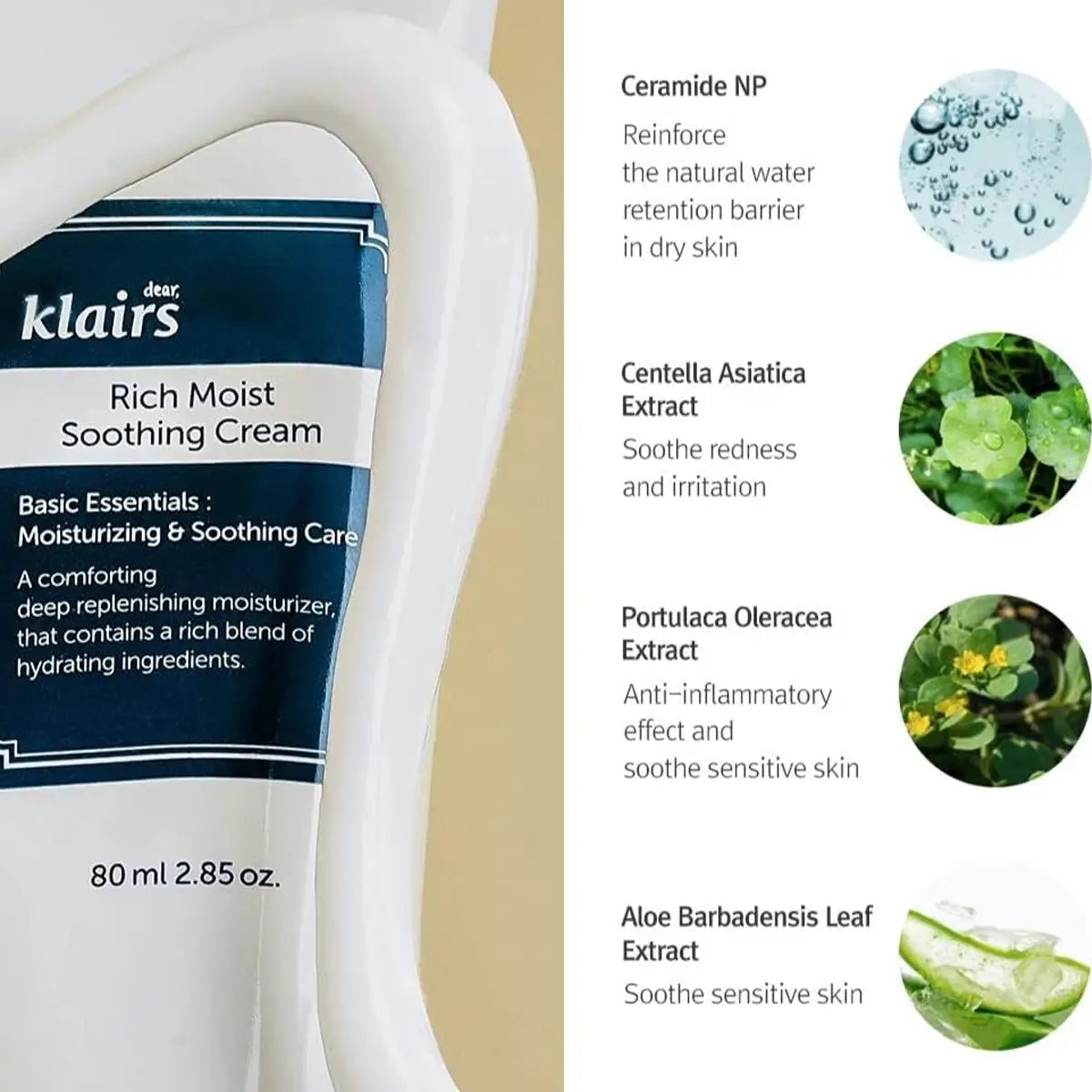 Klairs Rich Moist Soothing Cream packaging with ingredients listed on the right.