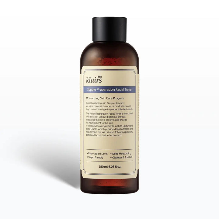 Klairs bottle of facial toner on a white background