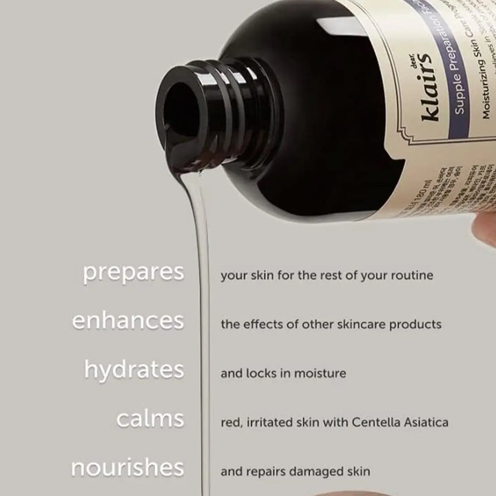Klairs skincare product being poured with text about its benefits on a gray background