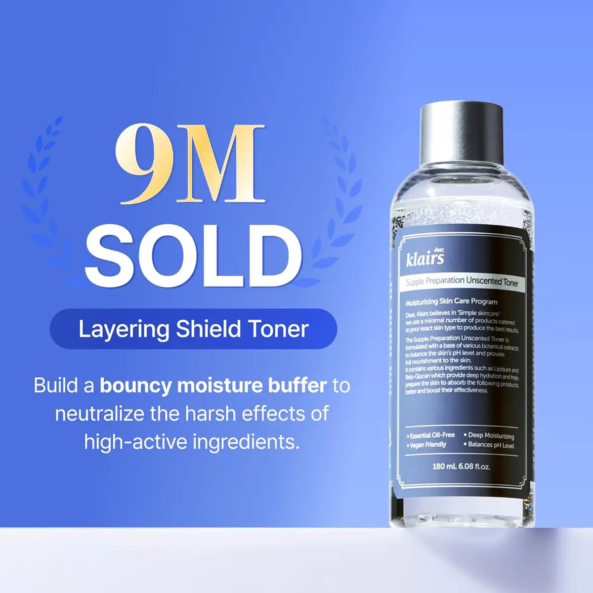 Klairs toner bottle with promotional text on a blue background