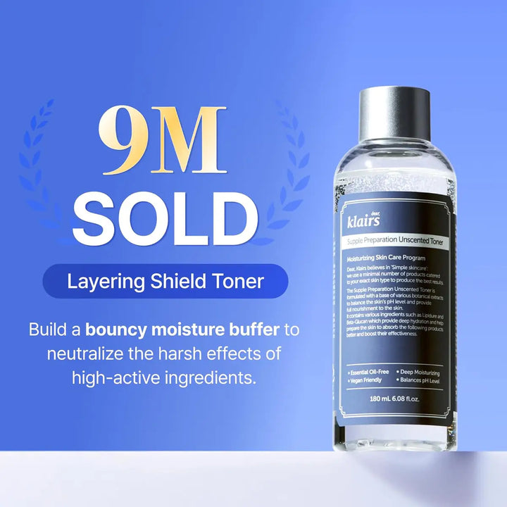 Klairs toner bottle with promotional text on a blue background