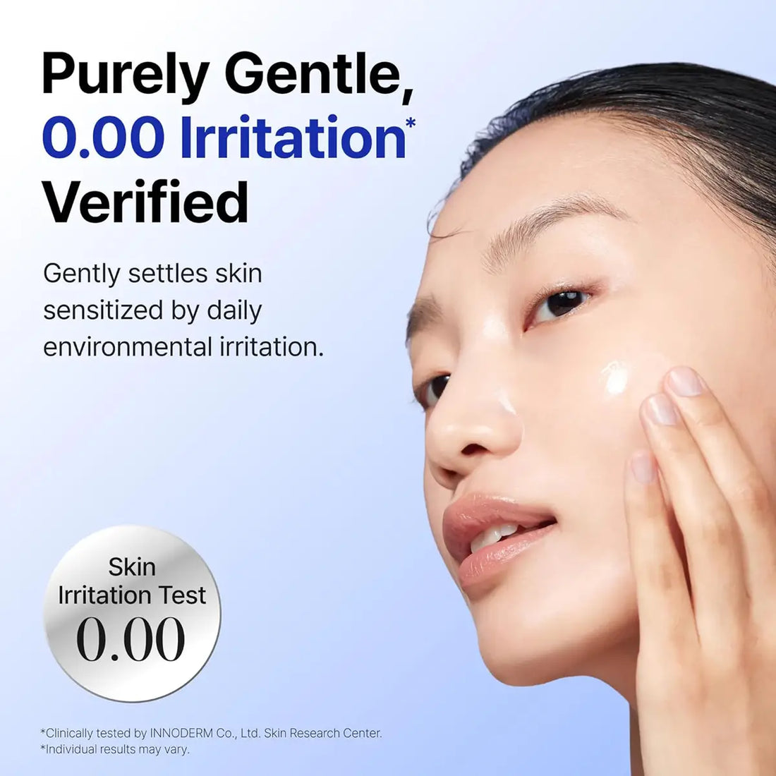 Advertisement for skin care product with a woman applying cream to her face, emphasizing 'Purely Gentle, 0.00 Irritation Verified'.