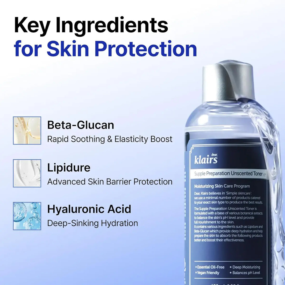 Klairs skincare product with key ingredients for skin protection listed on a blue background