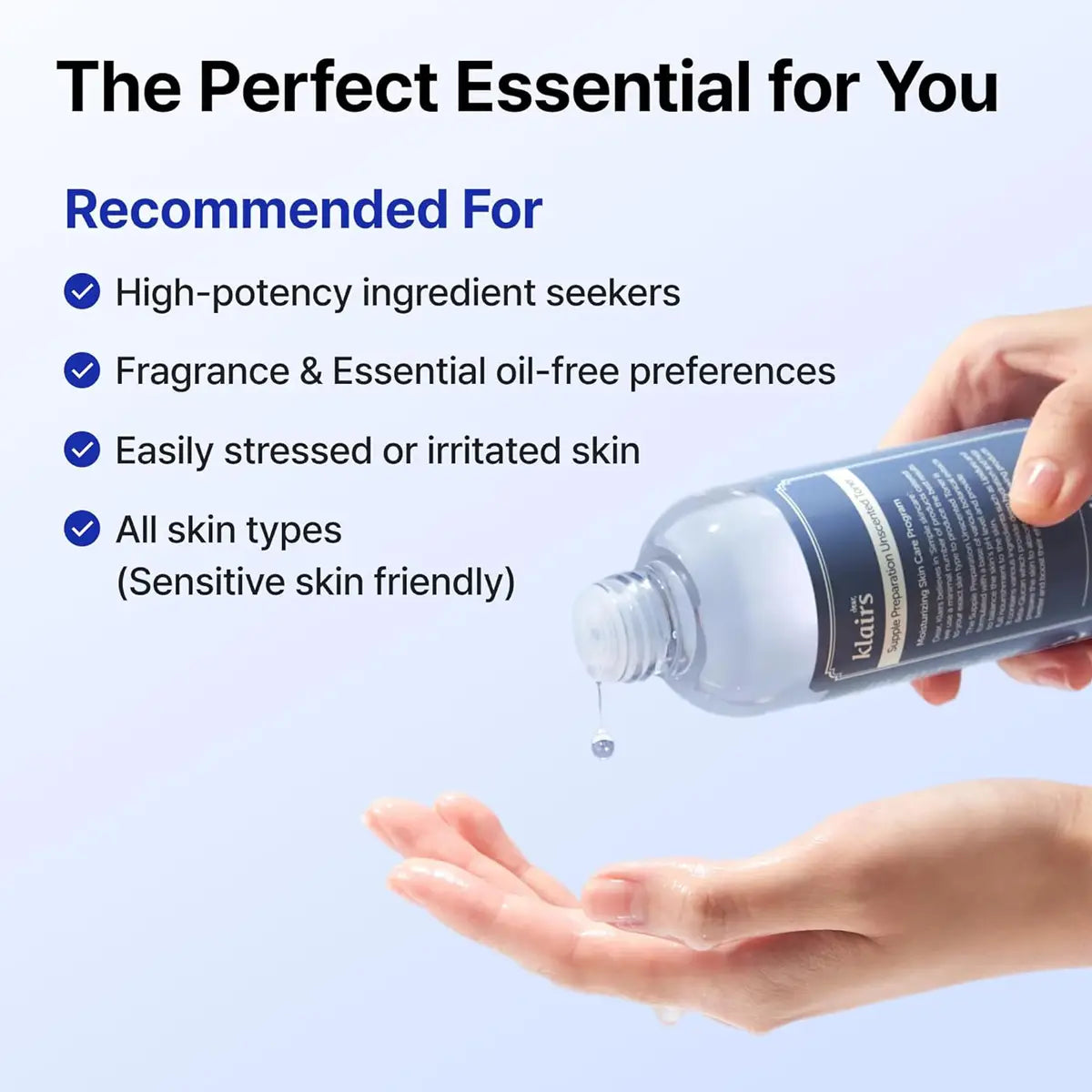 dear KLAIRS Supple Preparation Unscented Toner 1being held over a hand with text about product use.