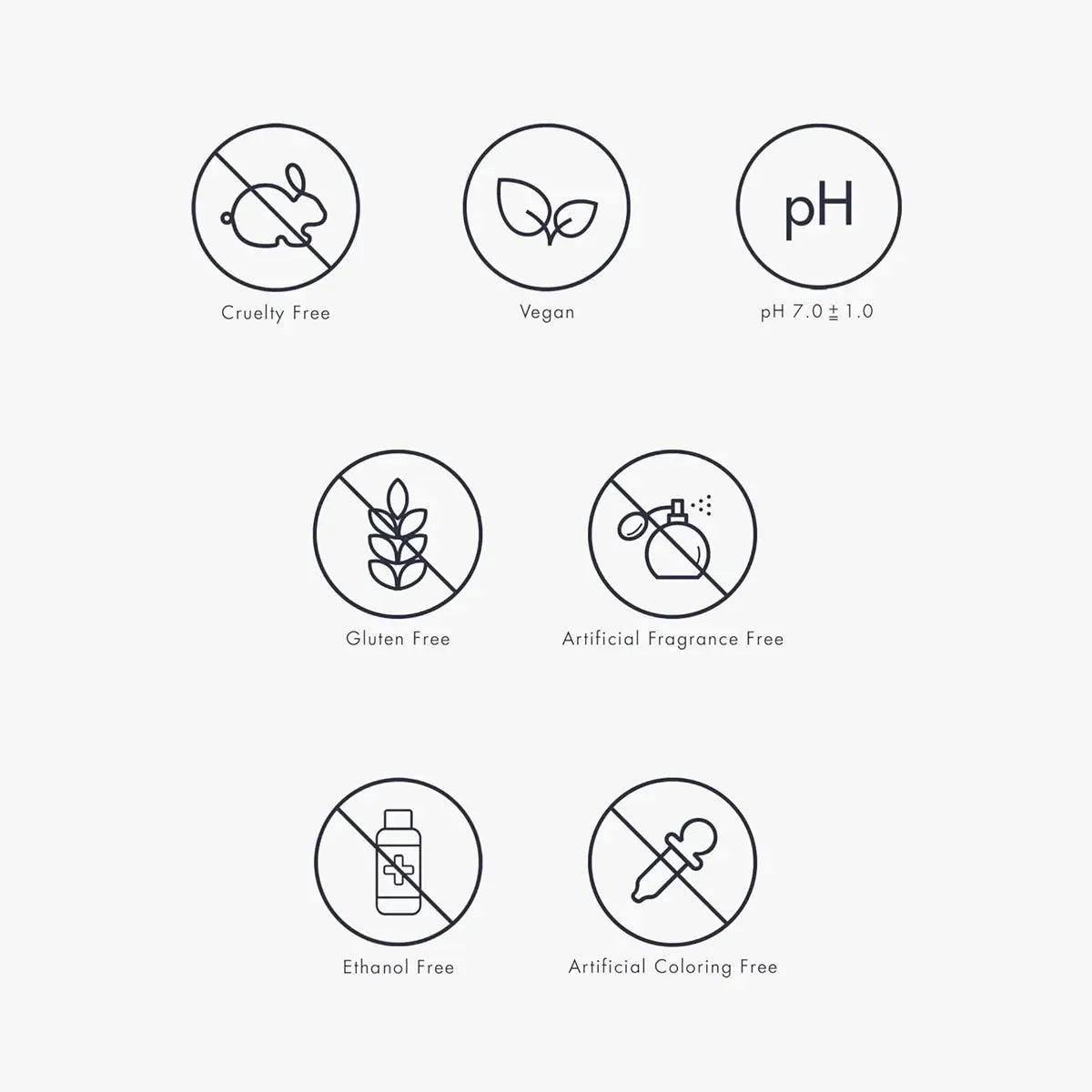 Set of icons indicating product attributes such as cruelty-free, vegan, pH level, gluten-free, artificial fragrance-free, ethanol-free, and artificial coloring-free on a white background.