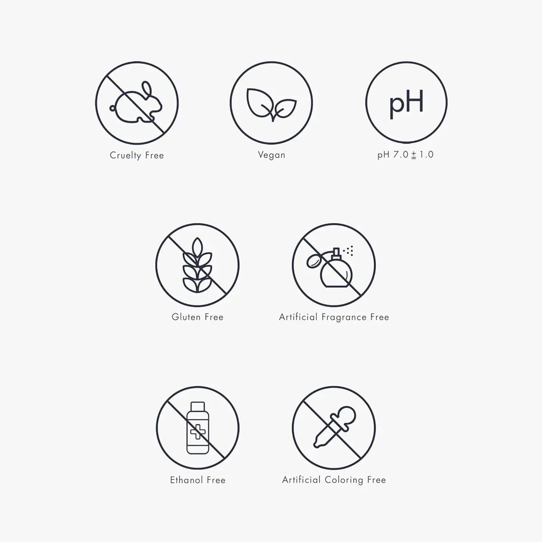 Set of icons indicating product attributes such as cruelty-free, vegan, pH level, gluten-free, artificial fragrance-free, ethanol-free, and artificial coloring-free on a white background.
